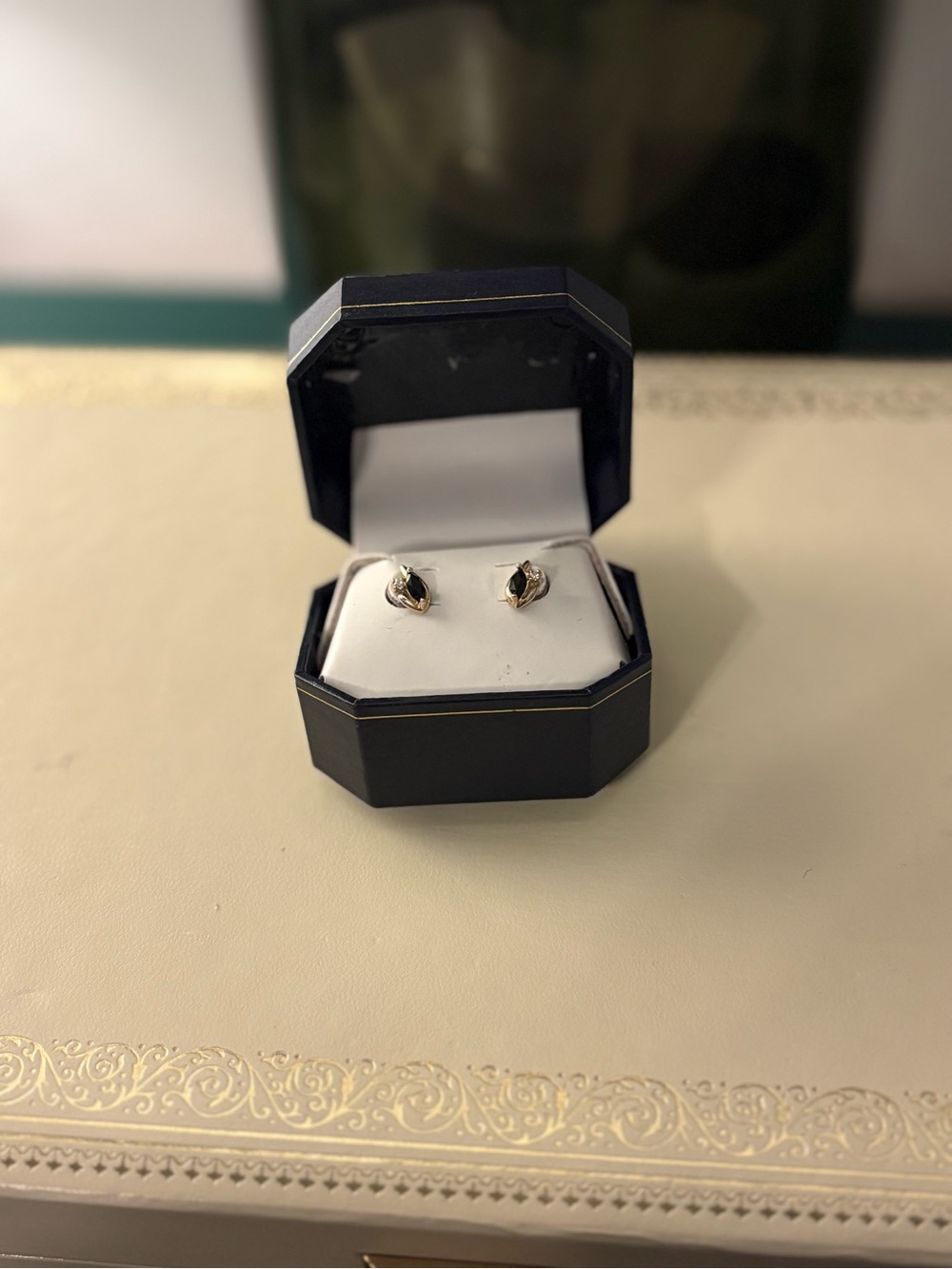 Vintage 10k Gold Stone Stud Earrings with Diamond Accents